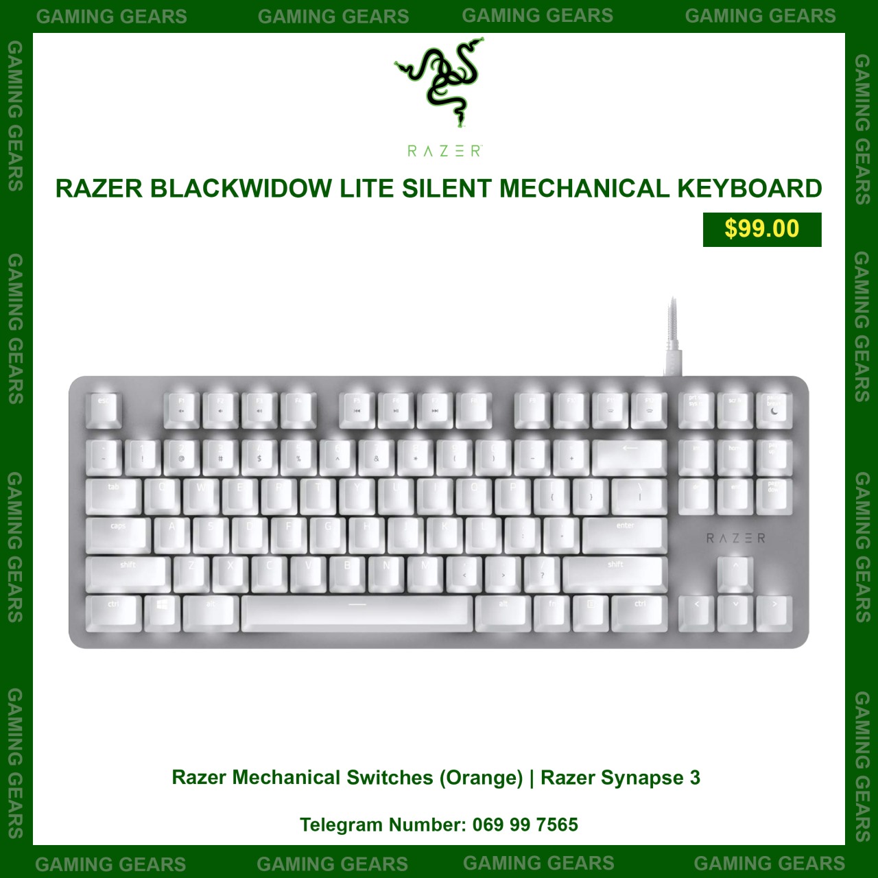 RAZER BLACKWIDOW LITE SILENT MECHANICAL KEYBOARD (MERCURY) Gaming
