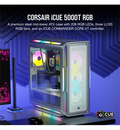 CORSAIR iCUE 5000T RGB Tempered Glass Mid-Tower ATX PC Case WHITE