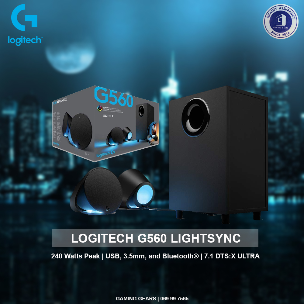Logitech G560 PC Gaming Speaker System with 7.1 DTS:X Ultra Surround Sound,  Game based LIGHTSYNC RGB, Two Speakers and Subwoofer, Bluetooth, USB
