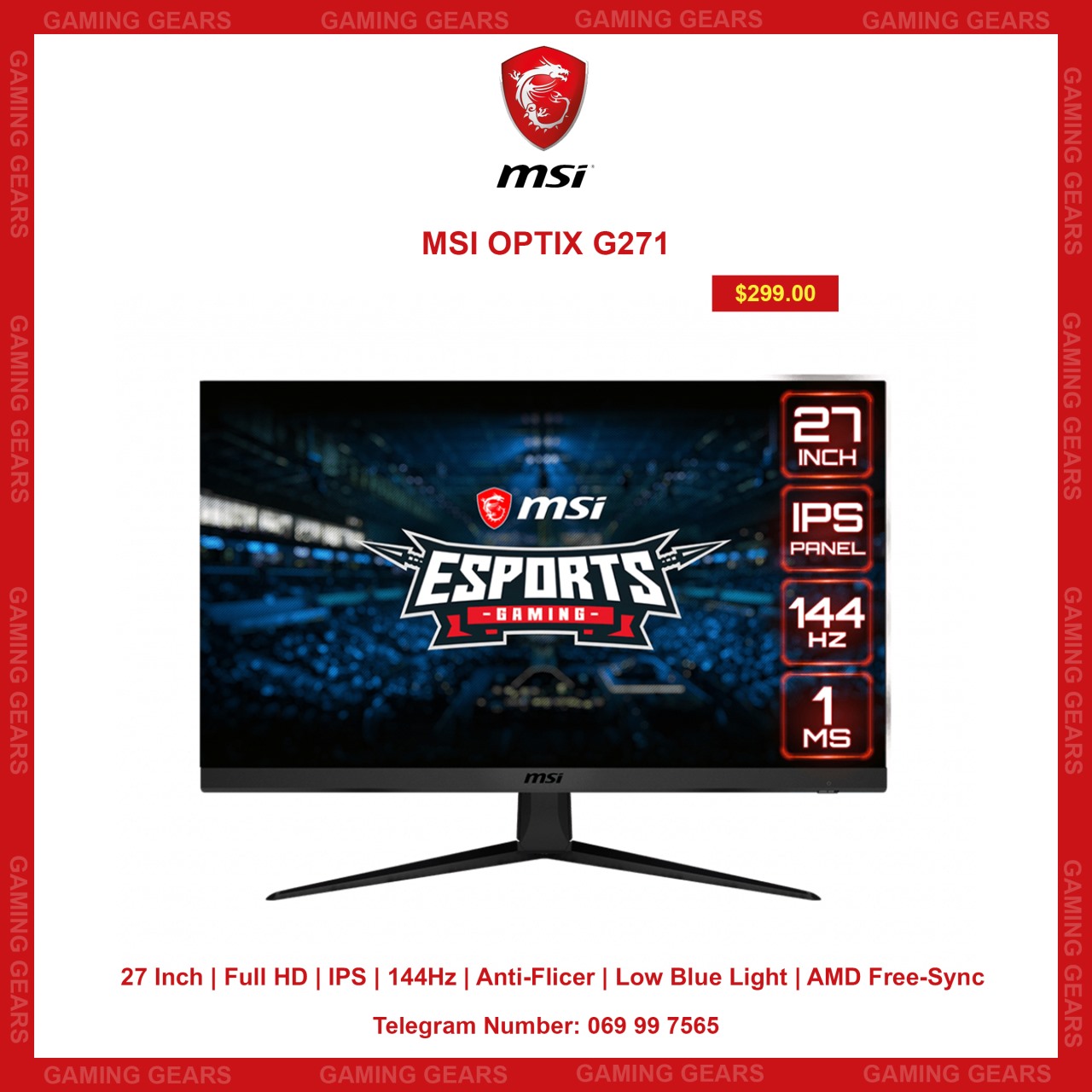 Monitor gaming - MSI Optix G271, 27 FullHD, 1 ms, 144 Hz, Anti